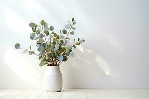 eukalyptus gren med modern vas i medelhavs vit omgivande. ai genererad foto