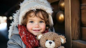söt ung litet barn flicka klädd för en snöig jul innehav henne teddy Björn. generativ ai. foto
