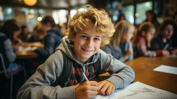 ung stilig leende caucasian pojke studerande på skrivbord i skola klassrum - generativ ai. foto