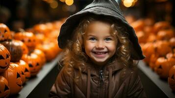 söt liten flicka klädd upp för halloween Nästa till rader av dekorativ pumpor - generativ ai. foto