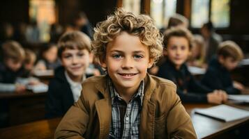 ung stilig leende caucasian pojke studerande i skola klassrum - generativ ai. foto