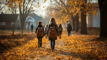 ung barn bär ryggsäckar gående till skola på en skön falla morgon- - generativ ai. foto