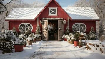 röd ladugård, hus eller affär dekorerad för jul i en skön vinter- snöig scen. generativ ai. foto