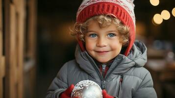 söt ung pojke klädd för en snöig jul innehav en festlig träd prydnad. generativ ai. foto