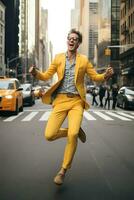 man med gul kostym promenad glad foto