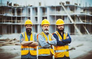 konstruktion webbplats arbetare stående med vikta vapen bär säkerhet västar och hjälmar. foto