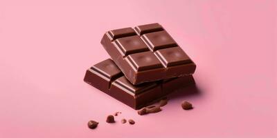 bitar av choklad isolerat på rosa bakgrund. utsökt choklad bar. generativ ai foto