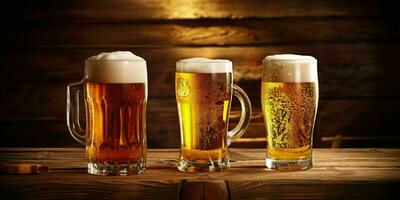 färsk öl i olika glas koppar på en trä- tabell. generativ ai foto