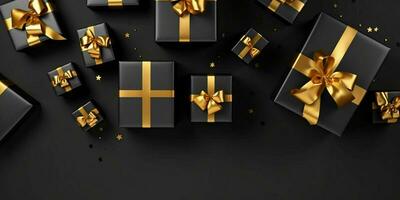 svart gåva lådor med guld band på svart studio bakgrund. generativ ai foto