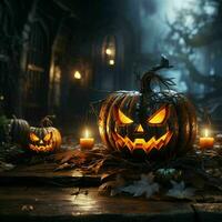 skrämmande halloween pumpa med en kuslig leende. ondska domkraft o' lykta på läskigt bakgrund. generativ ai foto