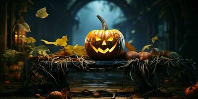 skrämmande halloween pumpa med en kuslig leende. ondska domkraft o' lykta på läskigt bakgrund. generativ ai foto