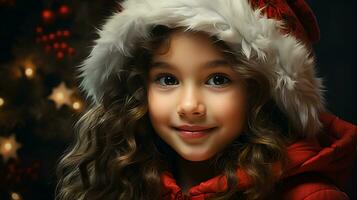 liten flicka i en festlig santa claus hatt för ny år och jul foto