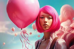 kvinna innehav rosa ballong. generera ai foto