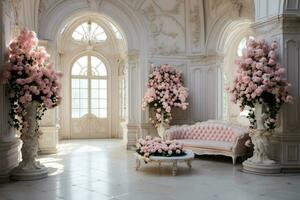 utsökt palats interiör design terar elegant rosa reste sig dekorationer foto