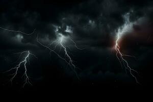 mörk bakgrund med storm blixt, idealisk för överlägg och mallar, ai genererad foto