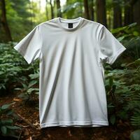 natur inspirerad vit tshirt attrapp med lugn skog bakgrund, ai genererad foto