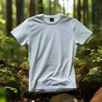 tshirt attrapp med skog bakgrund enande stil och natur, ai genererad foto