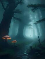 en mystisk, dimhöljd skog med gammal träd och kuslig, lysande svamp. foto