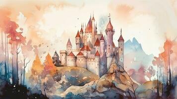 förtjusande vattenfärg illustration av en fe- berättelse slott med en prins och prinsessa foto