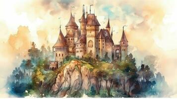 förtjusande vattenfärg illustration av en fe- berättelse slott med en prins och prinsessa foto