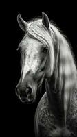 majestätisk svart och vit häst på mörk bakgrund generativ ai foto
