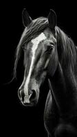 majestätisk svart och vit häst på mörk bakgrund generativ ai foto