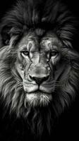majestätisk svart och vit lejon på mörk bakgrund generativ ai foto