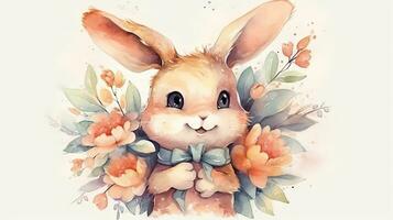 förtjusande kanin innehav en färgrik bukett av blommor foto