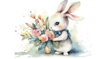 förtjusande kanin innehav en färgrik bukett av blommor i vattenfärg stil foto