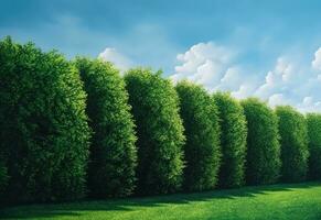 realistisk trädgård häck med blå himmel och grön gräs foto