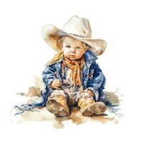 förtjusande bebis i cowboy kostym vattenfärg på vit bakgrund foto