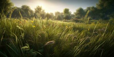 majestätisk landskap av en frodig grön äng med filmiska belysning foto