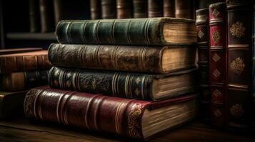 årgång läder böcker i bibliotek en perfekt baner för bok älskande foto