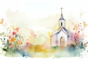 vattenfärg dop firande kort med kyrka ram foto