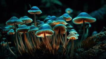 lysande magi svamp i en psychedelic skog foto