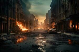 ödslig stad gata med brinnande lågor och avlägsen explosioner foto