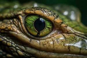 fascinerande närbild av en grön krokodil öga med vertikal elev foto