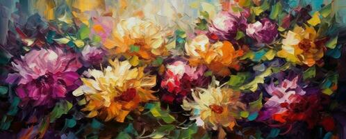 vibrerande olja målning av färgrik blommor på en färgrik bakgrund foto