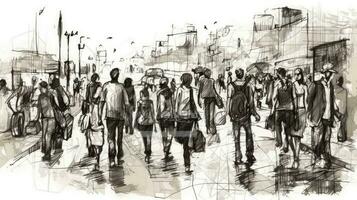 urban skiss av en folkmassan gående i bläck foto