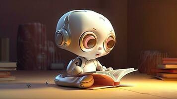 förtjusande tecknad serie bebis robot läsning en bok foto