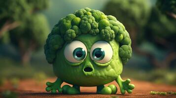 förtjusande broccoli tecknad serie karaktär med uttrycksfull ögon foto