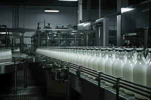 effektiv mejeri växt produktion linje med glas tappning av mjölk foto