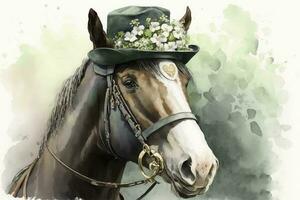Lycklig st patricks dag häst med hästsko hatt och blommor vattenfärg målning foto