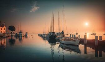 eterisk solnedgång hamn med förtöjd segelbåtar i bardolino Italien foto