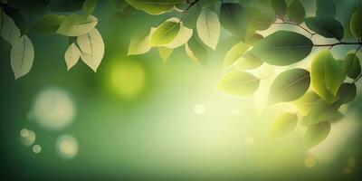 lugnande grön bakgrund med löv och mjuk bokeh ljus foto