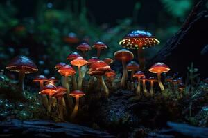 lysande mystiker svamp växande i olika kamera visningar foto