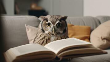 klok Uggla inlärning på soffa med bok kunskap begrepp foto