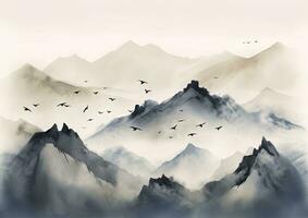 bläck tvätta målning av bergen med flygande fåglar foto