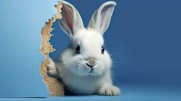 nyfiken påsk kanin kikar ut av blå vägg hål foto