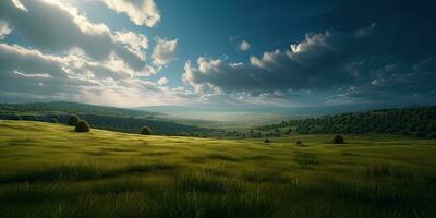hisnande landskap av grön fält och blå himmel foto